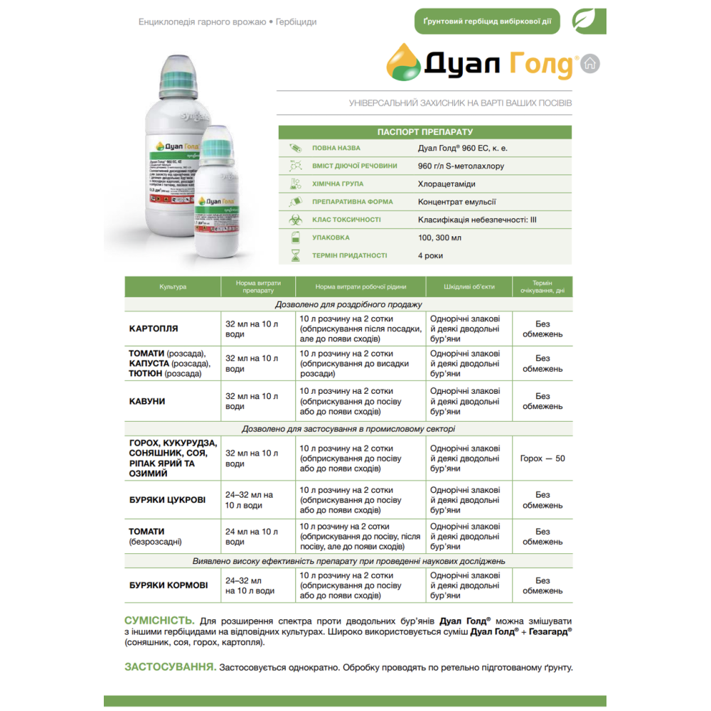 Досходовий (грунтовий) гербіцид Дуал Голд 300мл., Syngenta